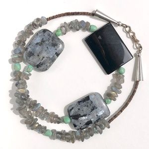 handmade beaded necklace Labradorite Larvikite Black Onyx focal Turquoise Shell